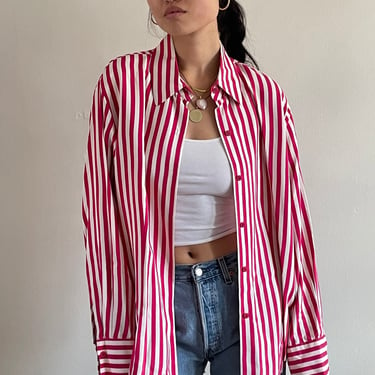 90s silk blouse / vintage 100% silk fuchsia pink + white pinstripe striped button down french cuffs oversized over shirt blouse | XL plus 