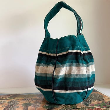 Handmade Vintage 90s Green Southwestern Tapestry Round Bucket Bag 