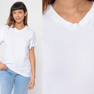 White T-Shirt 90s V Neck Tee Plain Solid Blank Shirt Short Sleeve TShirt Single Stitch Basic Minimalist Cotton Vintage 1990s Medium 