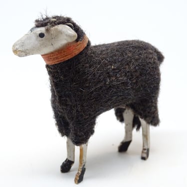Antique 1930's German Wooly Black Sheep, Vintage Toy Lamb for Putz or Christmas Nativity Creche 