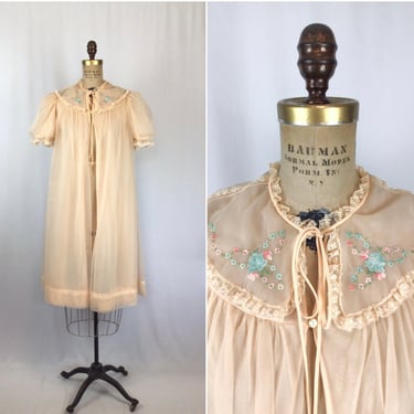 Vintage 60s robe | Vintage peach chiffon house coat | 1960s Laros embroidered robe 