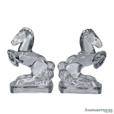 Vintage Art Deco Crystal Glass Rearing Horse Library Bookends - A Pair