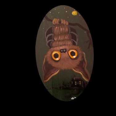 Vintage Halloween Inspired Hand Painted Spooky Baby Bat On 9x5” a Oval Wood Cut Out 