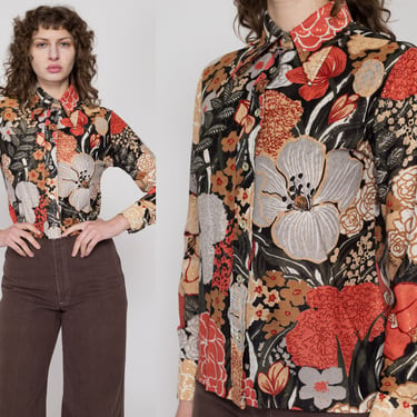 Large 70s Black & Orange Metallic Floral Dagger Collar Top | Vintage Long Sleeve Button Up Disco Shirt 