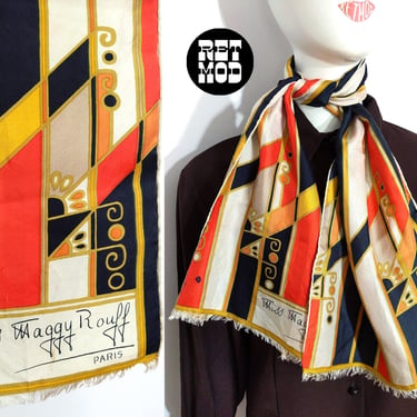 Unique Vintage 60s 70s Orange Black Abstract Patterned Long Silk Scarf by Miss Maggy Rouff 