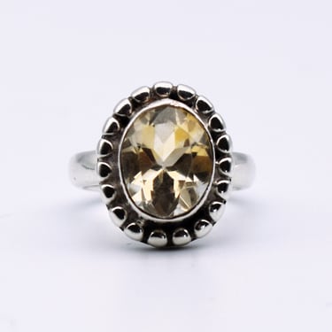 80's citrine 925 silver size 5.75 boho solitaire, 4.2 carat oval yellow gem sterling flower ring 