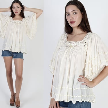Sheer Kimono Sleeve Coverup Tunic, Thin Ivory Crochet Top, Vtg Mexican Lightweight Pull On Top 