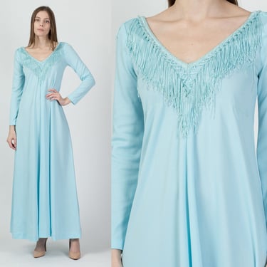 70s Baby Blue Fringe Trim Maxi Dress - Extra Small | Vintage Long Sleeve A Line Disco Gown 