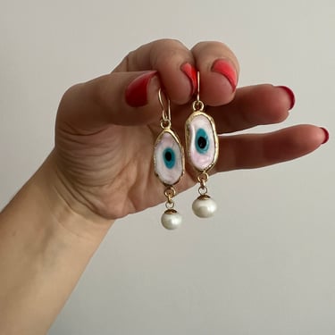 Pink and Pearl Evil Eye Dangle Earrings 