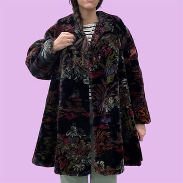 Vintage Donny Brook Faux Fur Coat Retro 1980s Contemporary + Teddy + Black with Floral Print + Swing + Cold Weather + Womens Outerwear 