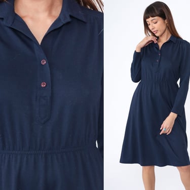 70s Midi Dress Navy Blue Shirtdress Button Up Day Dress High Waisted Retro Dress Collared Plain Simple Long Sleeve Vintage 1970s Medium 8 