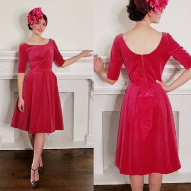 1950s Hot Pink Velvet Party Dress / 50s Cocktail Dress Half Sleeves Midi Skirt Bow at Rear / S / Livia 