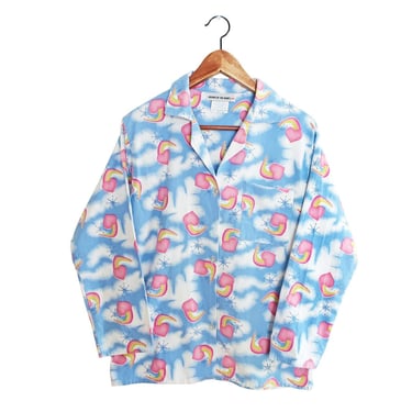 rainbow print shirt / pajama shirt / 1990s hearts and rainbows flannel pajama shirt Kurt Cobain Medium 