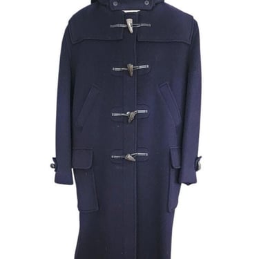 Vintage 1990s Mens Duffle Coat Lands End Navy Blue Wool Hooded w/Toggle Closure 