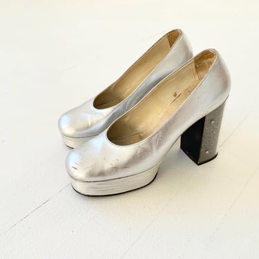 1970s Metallic Silver Leather Glitter Heel Platforms 