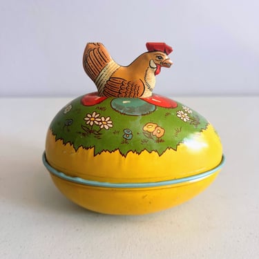 Vintage J Chein Tin Litho Eater Egg with Hen on Top Candy Tin Hen on Nest USA 
