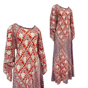 Vtg Vintage 1970s 70s Angel Sleeve Indian Block Print Tunic Maxi Dress 