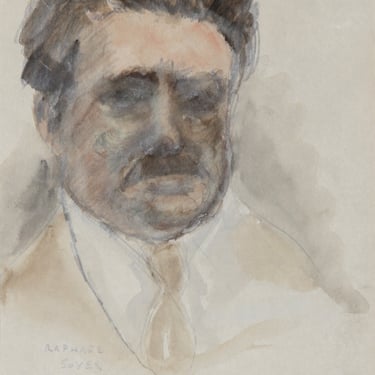 Portrait of Man wit Moustache Watercolor and Pencil Drawing by Raphael Soyer 