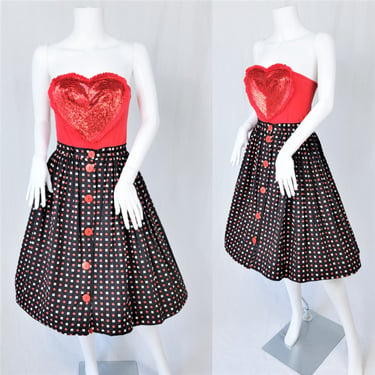1950's Black Red Polka Dot Cotton Circle Skirt I Sz Sm 