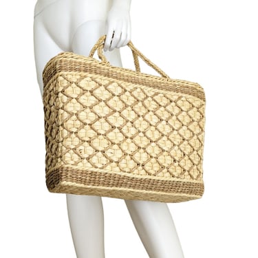 Vintage Straw Basket Bag / 70s Large Structured Woven Bag / Top Handle Natural Straw Market Tote Bag for Summer Picnic Beach 