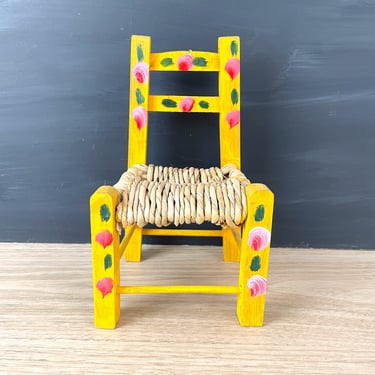 Rush seat doll chair - handpainted vintage 
