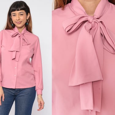 Pink Necktie Blouse 80s Ascot Pussy Bow Shirt Secretary Long Sleeve Top Button Up Top Neck Tie Retro Bohemian Simple Vintage 1980s Medium M 