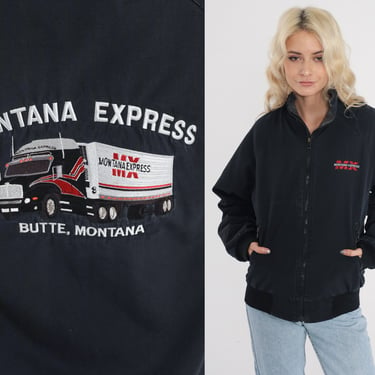 Trucker Jacket 90s Black Fleece Lined Windbreaker Butte Montana Express Zip Up Sweater Jacket Truck Driver Bomber Vintage 1990s Mens Small S 