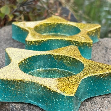 Resin Star Candle Holders Set Gold and Green 