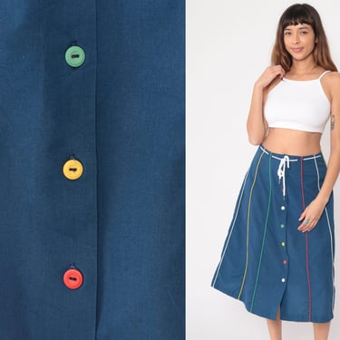 70s Button Up Skirt Blue Primary Color Striped Piping Midi Skirt 80s High Waisted High Rise Retro 1970s Vintage White Red Green Medium 