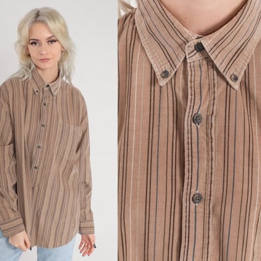 Striped Corduroy Shirt Y2k Brown Button Up Long Sleeve Boyfriend Shirt Collared Top Striped Tan Retro Grunge Casual Vintage 00s Men's Medium 