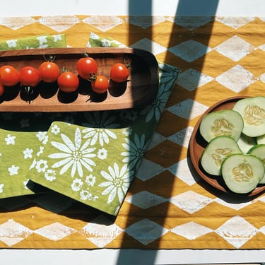 hand block printed table runner. diamonds on mustard. boho decor. linen tablecloth. birthday or dinner party decor. 