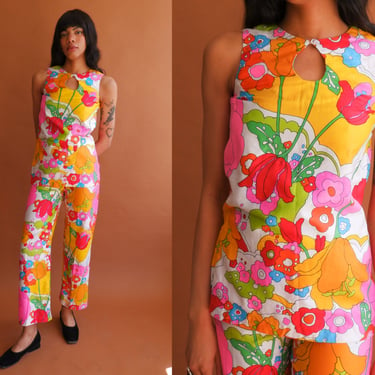 Vintage 70s Colorful Floral Tunic and Pants Set/ Size Small 