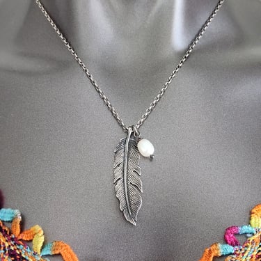 Sterling Feather Necklace Israel with Pearl~Artisan Signed Pendant~Gifts for Her 