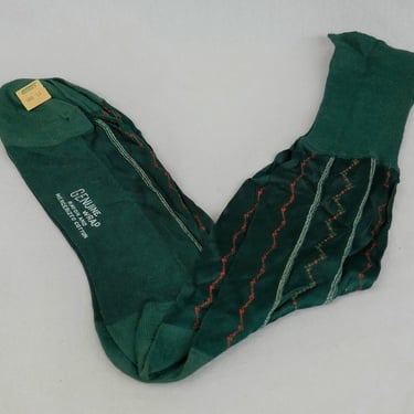Men's Vintage Dress Socks - NOS NWT New Unworn Deadstock - Green w/ Orange and White - Kresge's - Rayon Cotton Blend - Mid-Century Hosiery 