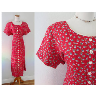90s Maxi Dress - Vintage Red Floral Rayon Dress - Heart Button Up Front - Size XL 