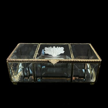 Antique Large Victorian Beveled Etched Glass Beaded Metal Jewelry Trinket Box