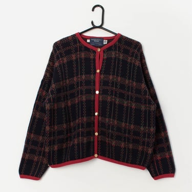 80s vintage wool plaid knitted cardigan in navy and red - Large / XL 