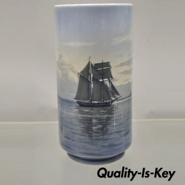Antique Royal Copenhagen 13&quot; Blue White Porcelain Nautical Ship Vase 1634 33.B