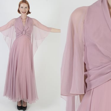 Pink Chiffon Maxi Dress, Vintage Avant Garde Grecian Goddess, Sheer Flowing Capelet, Monochrome Disco Party Outfit 