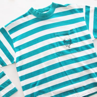 80s Teal Green White Stripe Long Sleeve Shirt S - Beverly Hills Polo Club Cotton Pocket T Shirt - Drop Shoulder - Preppy Style 