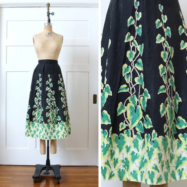 vintage 1950s border print cotton skirt • green philodendron plant print novelty print 