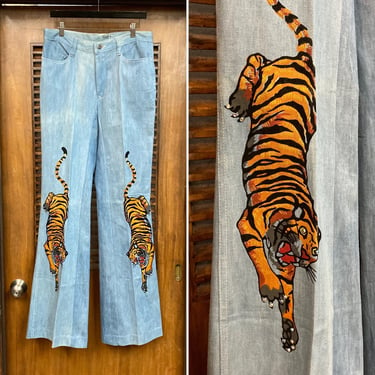 Vintage 1970’s w32 “Faded Glory” Tiger Flocked Artwork Glam Hippie Denim Flare Bellbottom Jeans, 70’s Vintage Clothing 