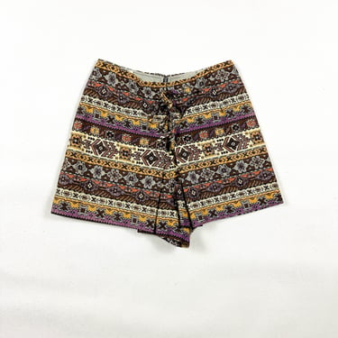 1970s Lace Up Printed Skort / Hot Shorts / Printed Denim / Novelty Print / Pychedelic / Hippie / Boho / Small / Paisley / Mod / 70s  / S / 