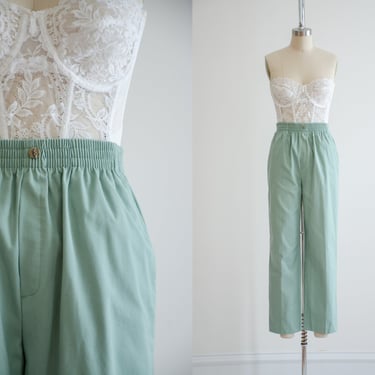 high waisted pants | 80s 90s vintage pastel mint green cotton elastic waist straight leg pants 