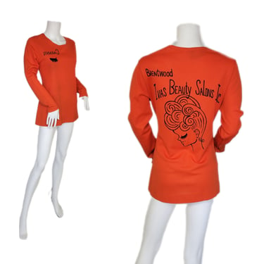 1970's Orange Poly Novelty Print Top I Shirt I Beauty Salon I Sz Lrg 