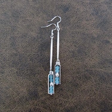 Long sea glass earrings, bohemian earrings, beach earrings, bold earrings, boho earrings, blue dangle earrings, geometric earrings, artisan 