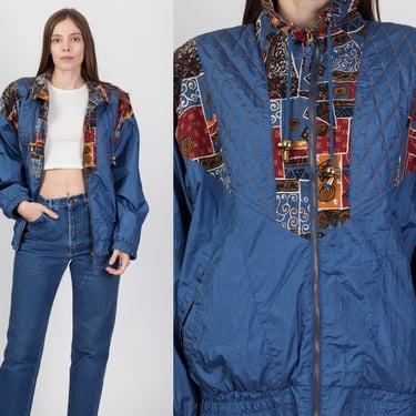 80s Blue Patchwork Trim Windbreaker - Large | Vintage Zip Up Streetwear Track Jacket 
