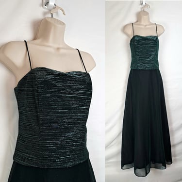 Vintage Y2K / 90 Black and Teal Metallic Prom Dress, Size Extra Small 