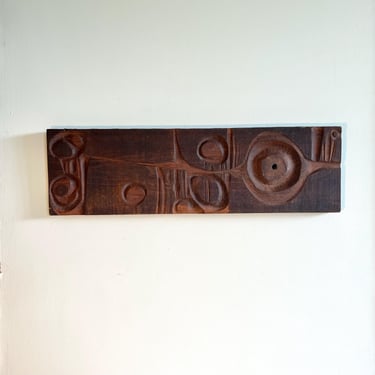 Midcentury Brutalist design hand carved wood panel 