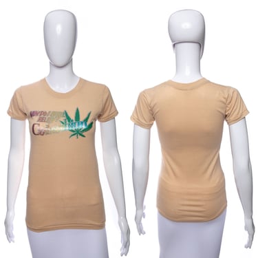 1970's Beige and Multicolor Glitter Screen Printed Weed Print T-Shirt Size XS/S